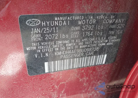 2011 Hyundai Elantra Gls (Ulsan Plant) from USA, damaged, VIN KMHDH4AE9BU098738